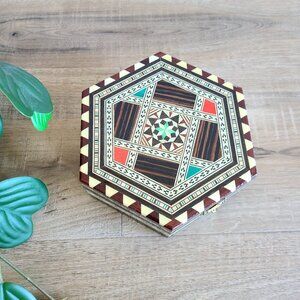 Laguna Spanish mosaic Marquetry wooden inlaid hexagon jewelry box with mirror.